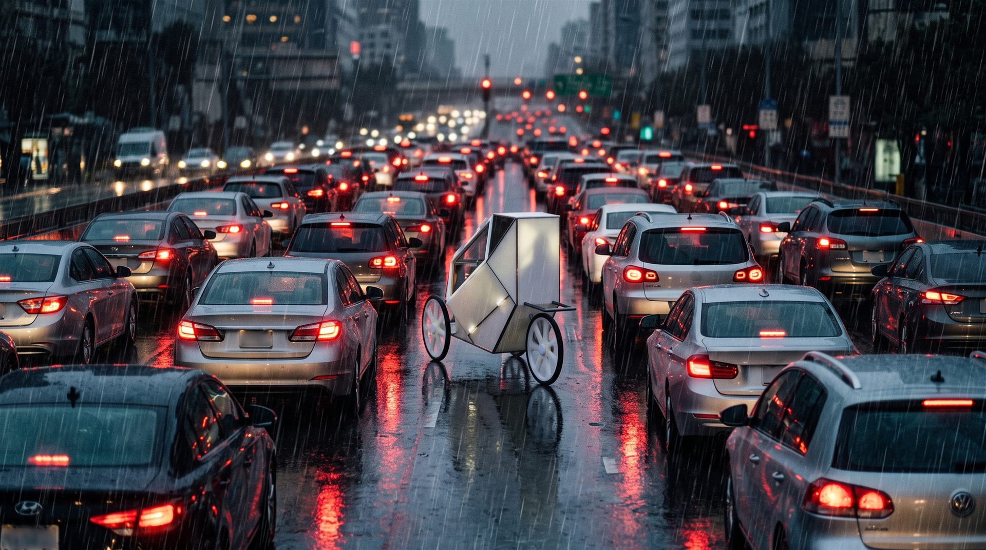 STEV-E se faufile entre les voitures dans un embouteillage sous la pluie
